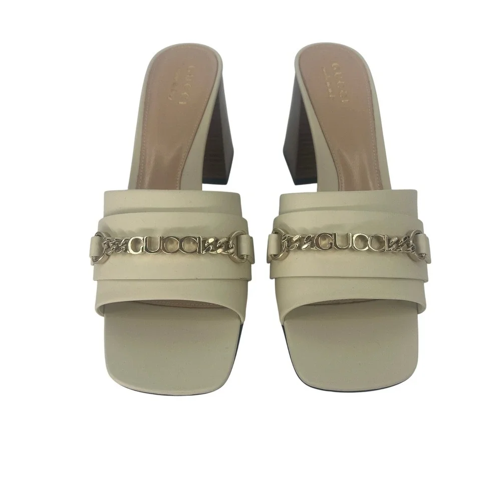 Gucci Signoria Slide Sandals White Leather Chain Heels Size 38